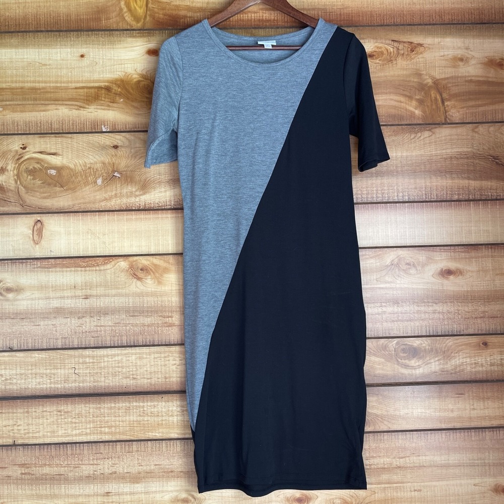LuLaRoe Julia Dress Medium Gray Black T-Shirt‎ Short Sleeve Bodycon Stretch